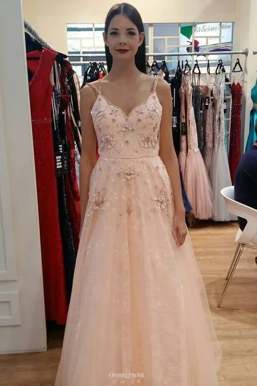 Charming A-line Blush Pink Beaded Long Prom Dresses For Teens MP797