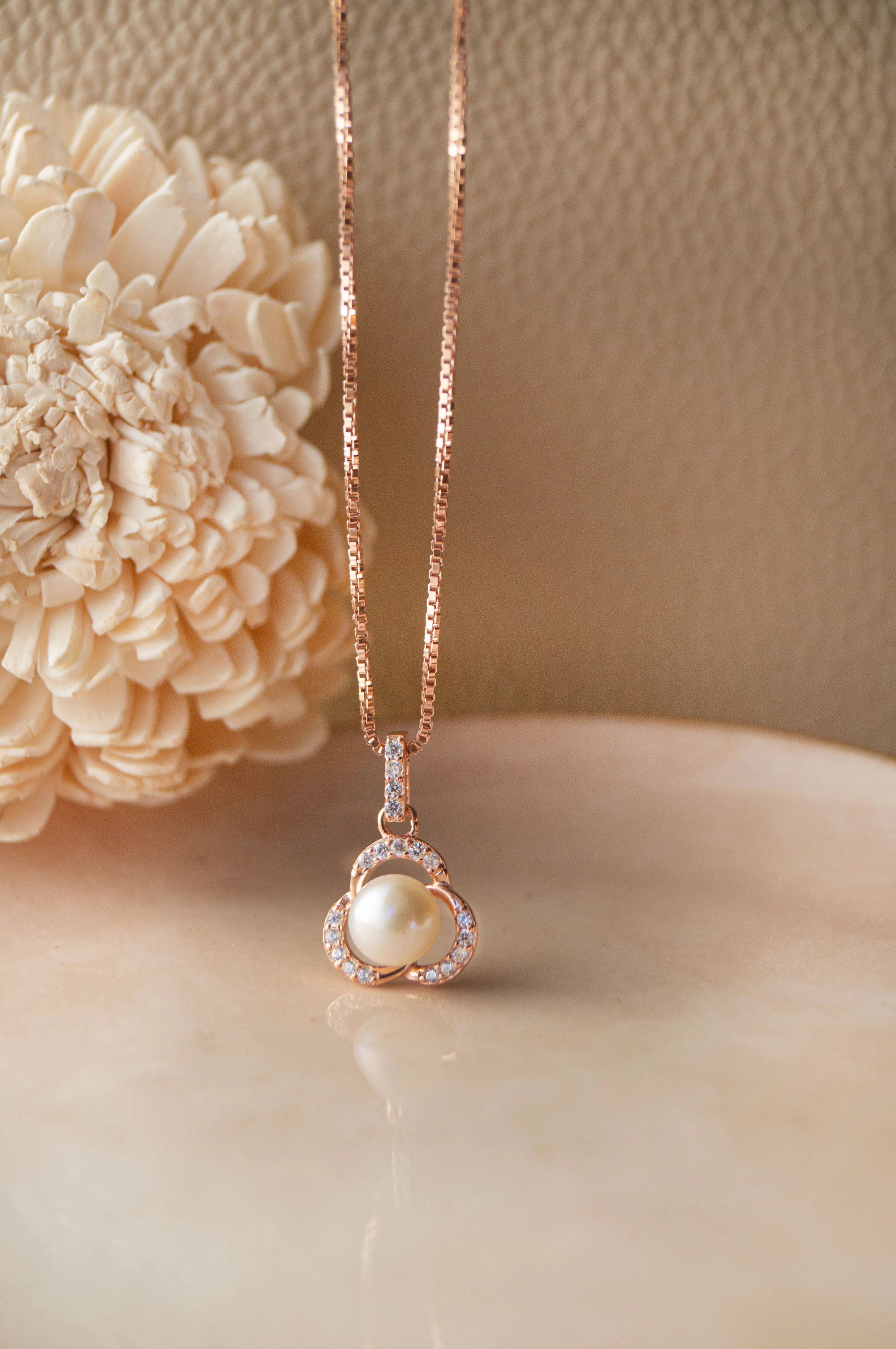 Pearl Enclosed Flower Rose Gold Plated Sterling Silver Pendant Set