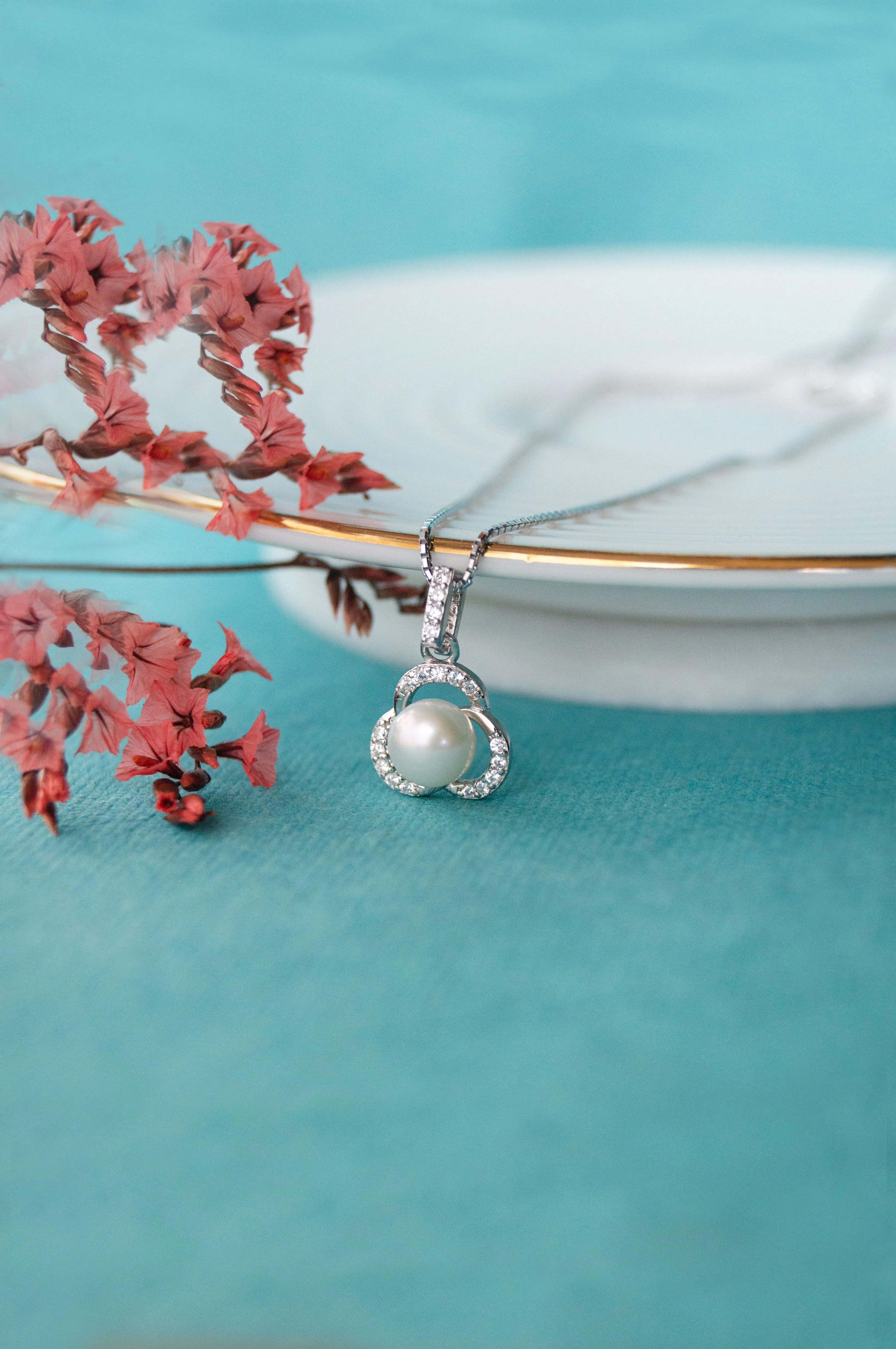 Pearl Enclosed Flower Rose Gold Plated Sterling Silver Pendant Set